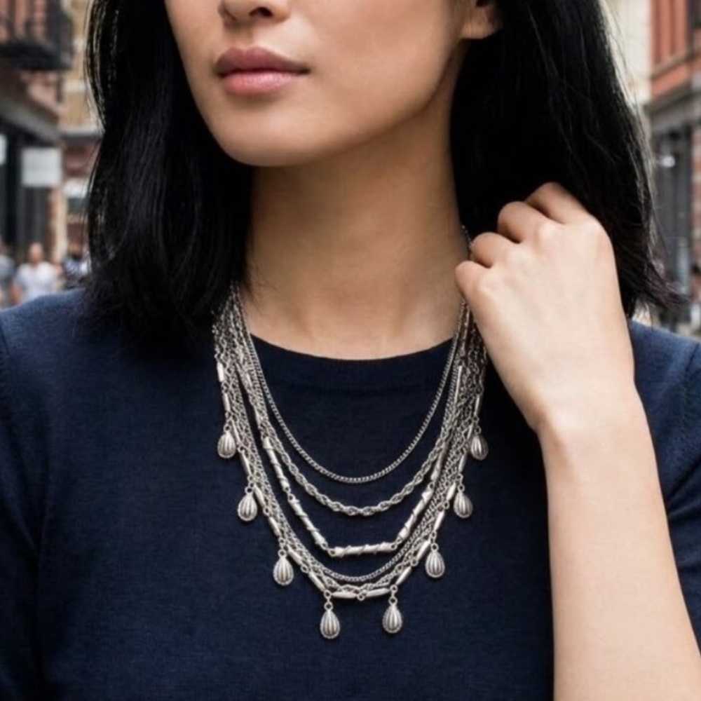 Bohemian Multi-Strand Silver Statement Necklace with Charms